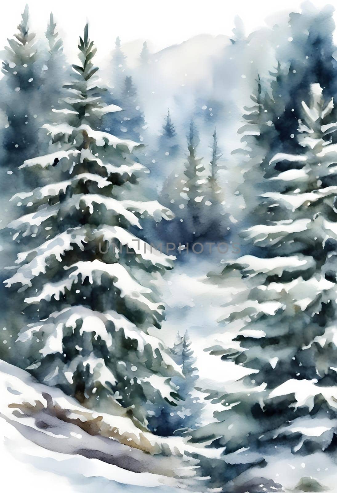 Beautiful watercolor illustration of coniferous forest, christmas fir, winter nature, holiday background, conifer, snow, isolated on white background vertical Generate AI