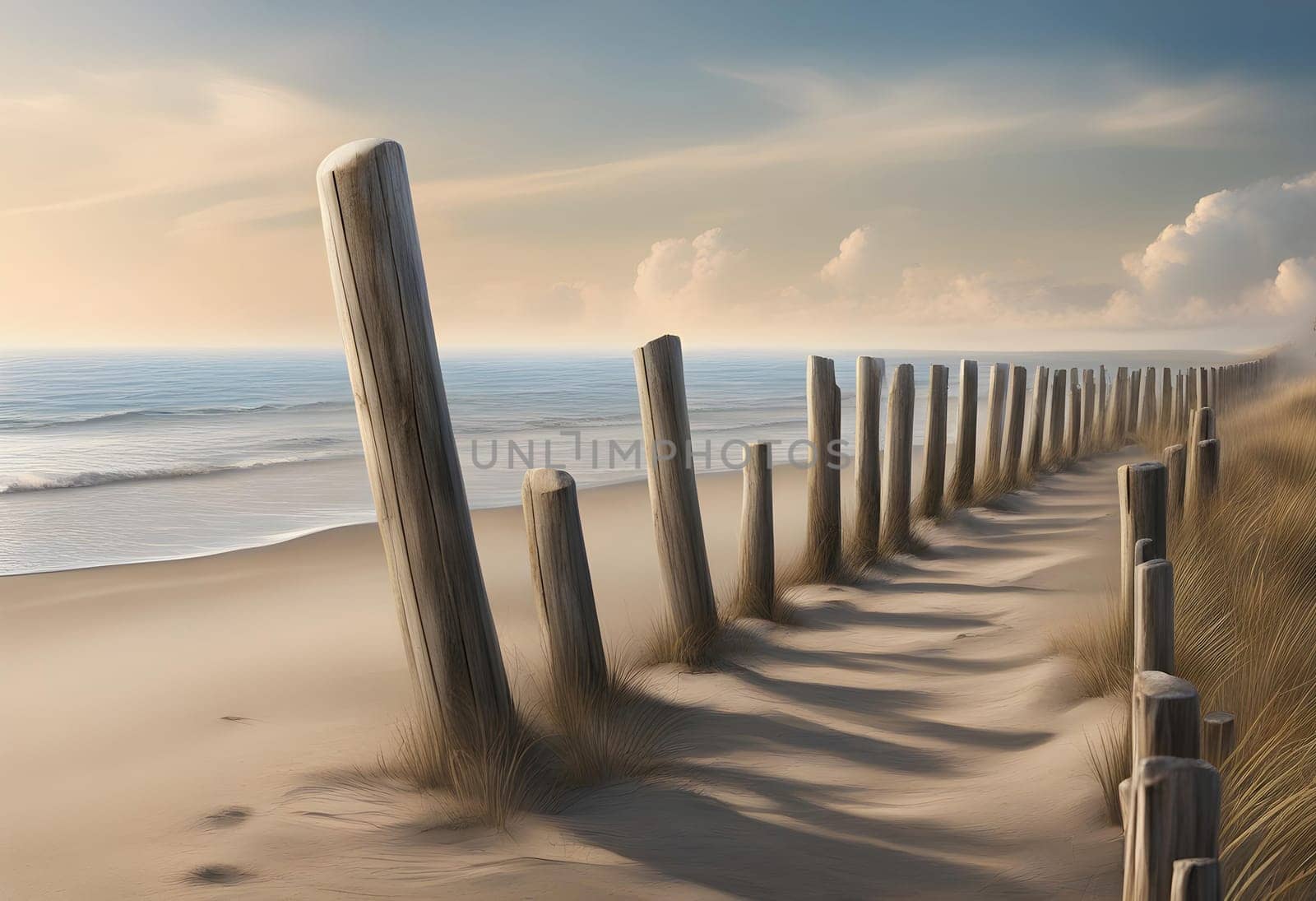 Romance on the beach, a long breakwater of old low wooden poles runs from the beach to the sea, obliquely from an angle, photorealistic Generate AI