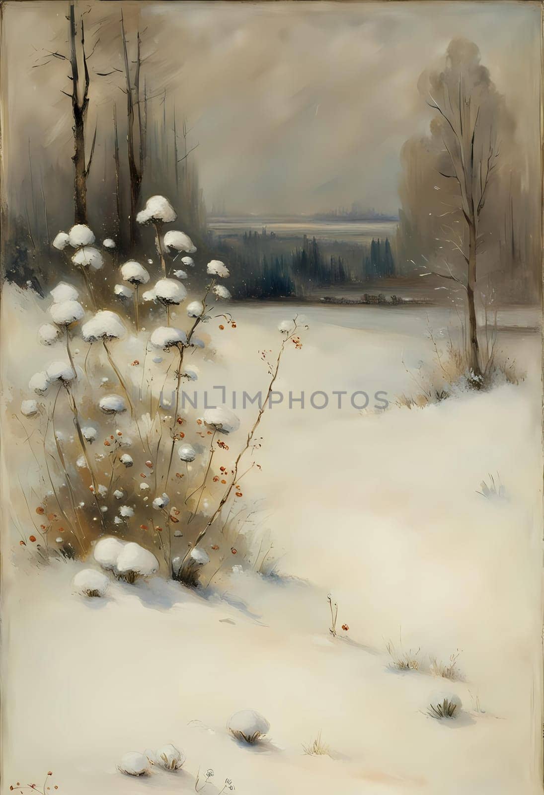 snowy flowers in a winter landscape, a quiet frosty corner of the forest in an impressionist style. A frozen bunch of flowers in the snow by rostik924