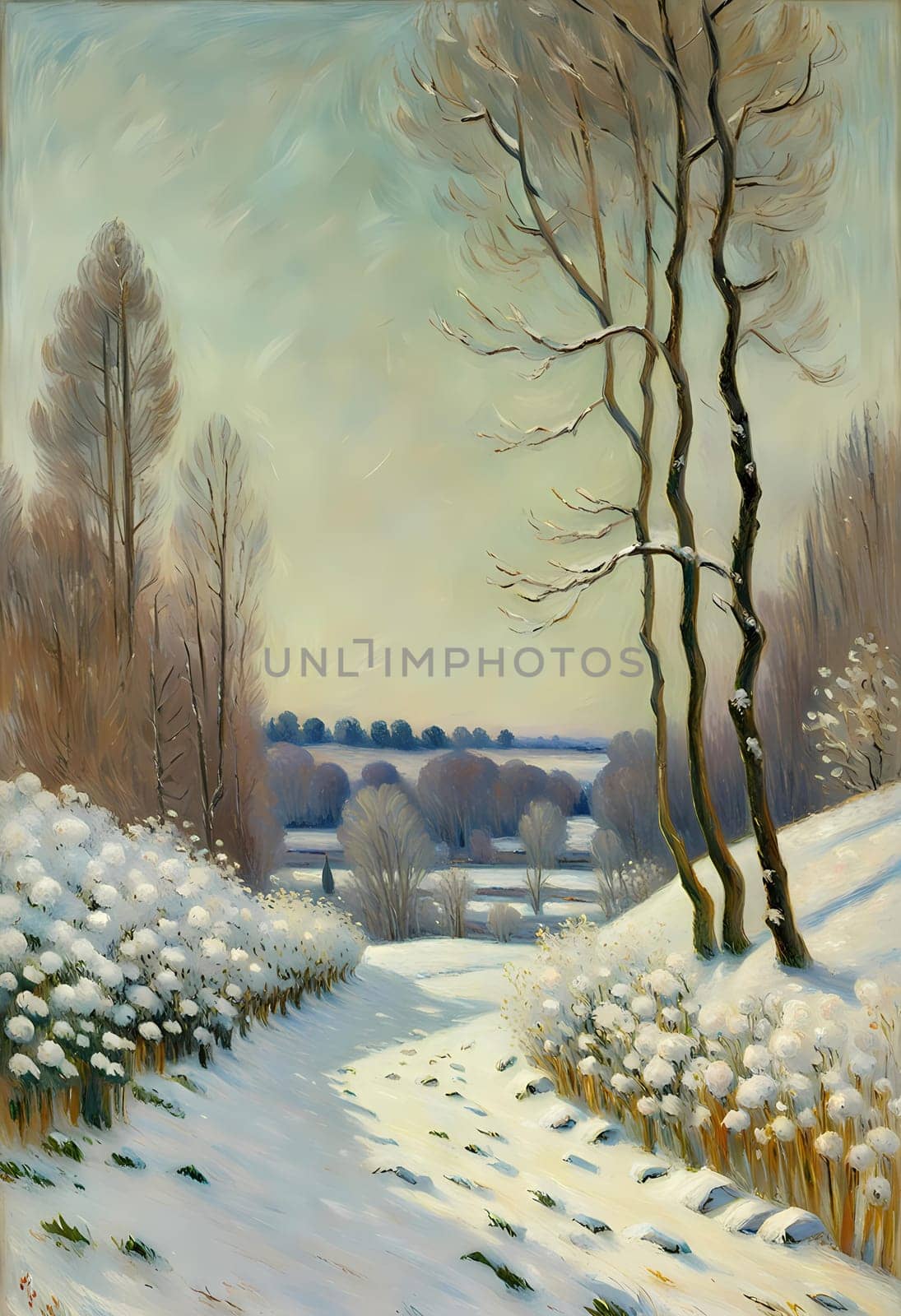 a snowy road in a winter landscape, a quiet frosty corner of the forest. Snow covered road between trees Generate AI