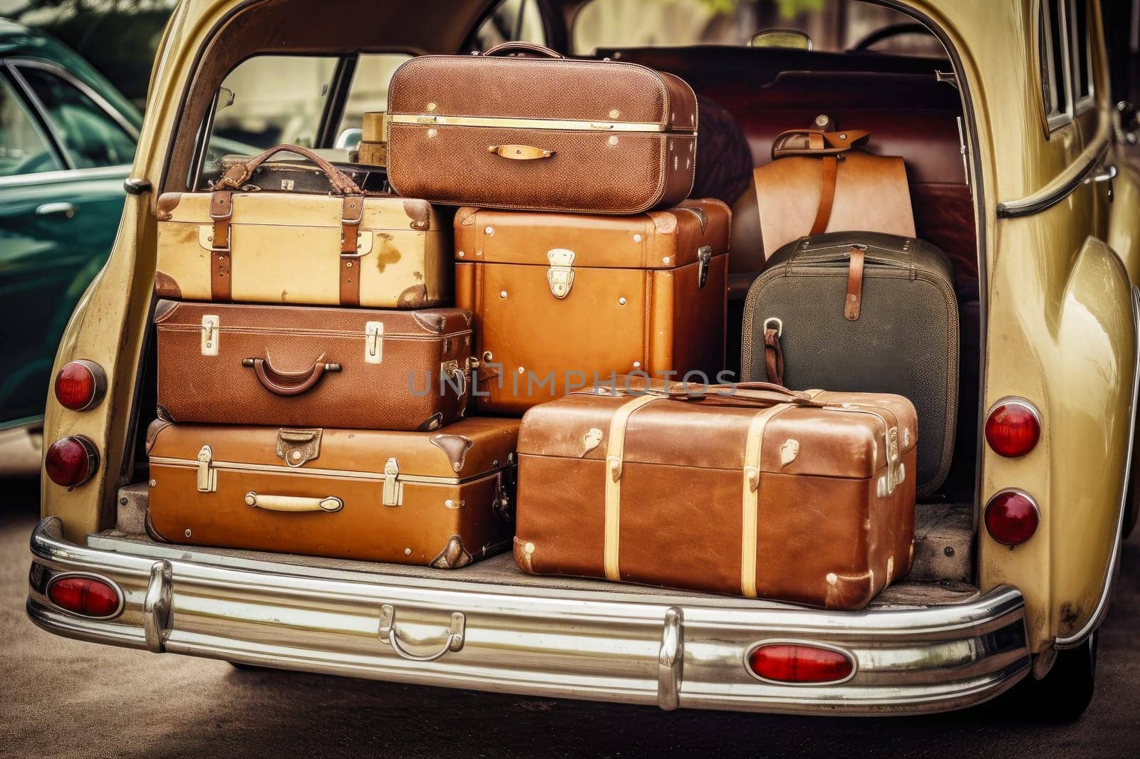 Retro car with luggage in trunk. Suitcases and bags in trunk of car ready to depart for holidays. Travel, vacation concept