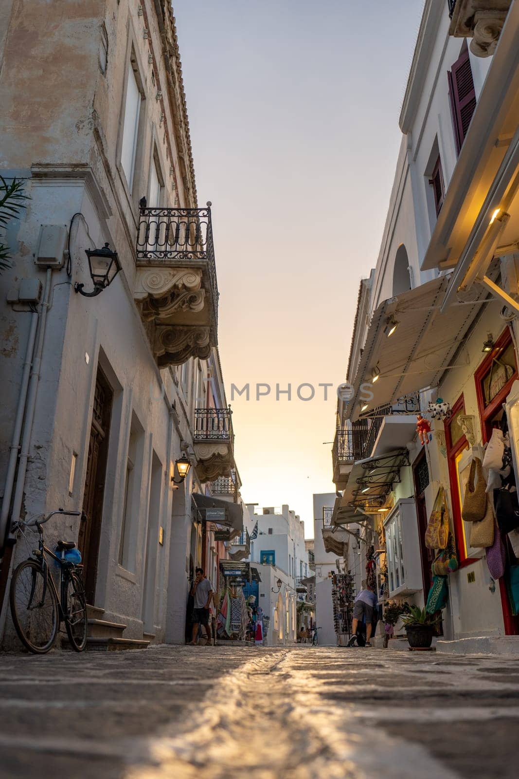 Streets of Parikia, Paros, at dusk with few people