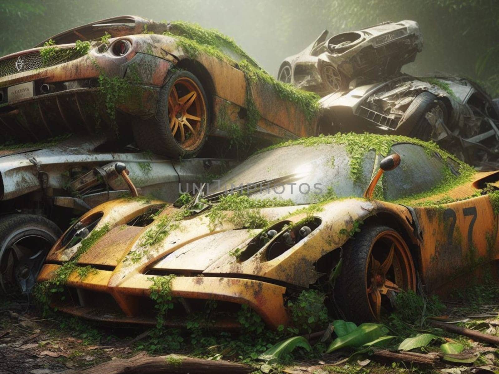 Abandoned rusty petrol super car banned for co2 emission agenda, overgrowth plants bloom flowers by verbano
