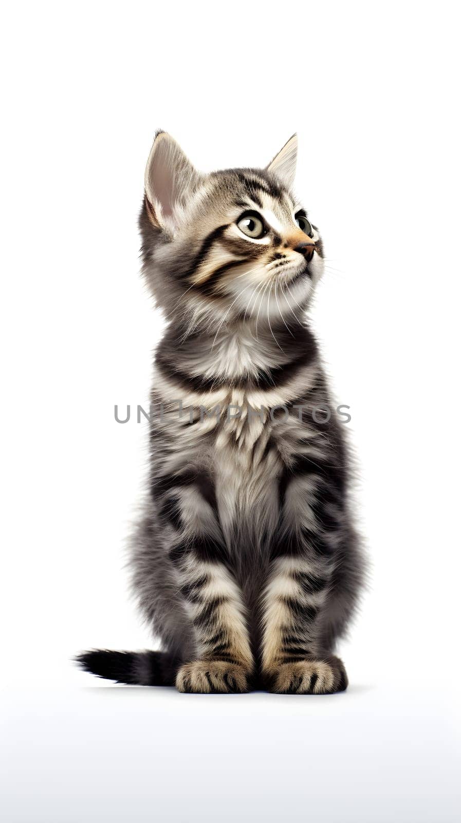 A young cat sitting and looking up, isolated white background - generative AI