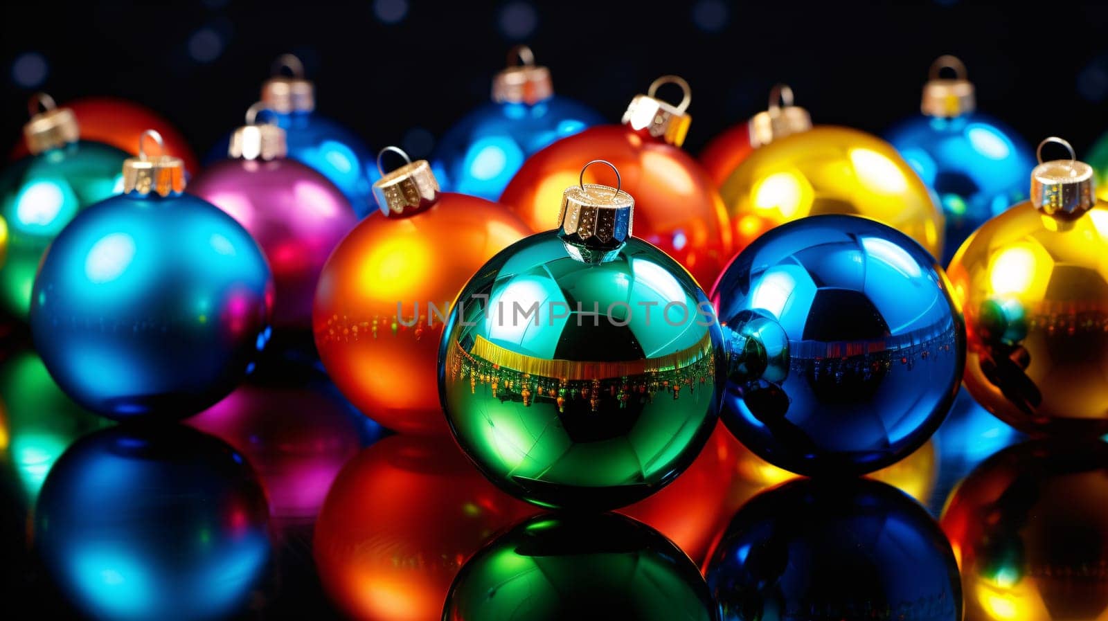 colorful christmas balls with reflections on dark surface - Generative AI