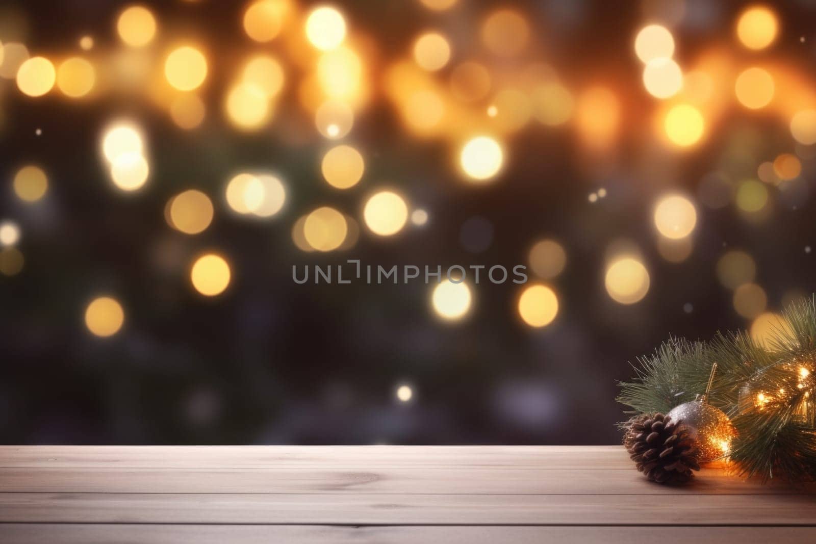 Merry Christmas and Happy New Year background with empty wooden table over Christmas tree and blurred light bokeh. Empty display for product placement. Rustic vintage Xmas 2024 background. comeliness