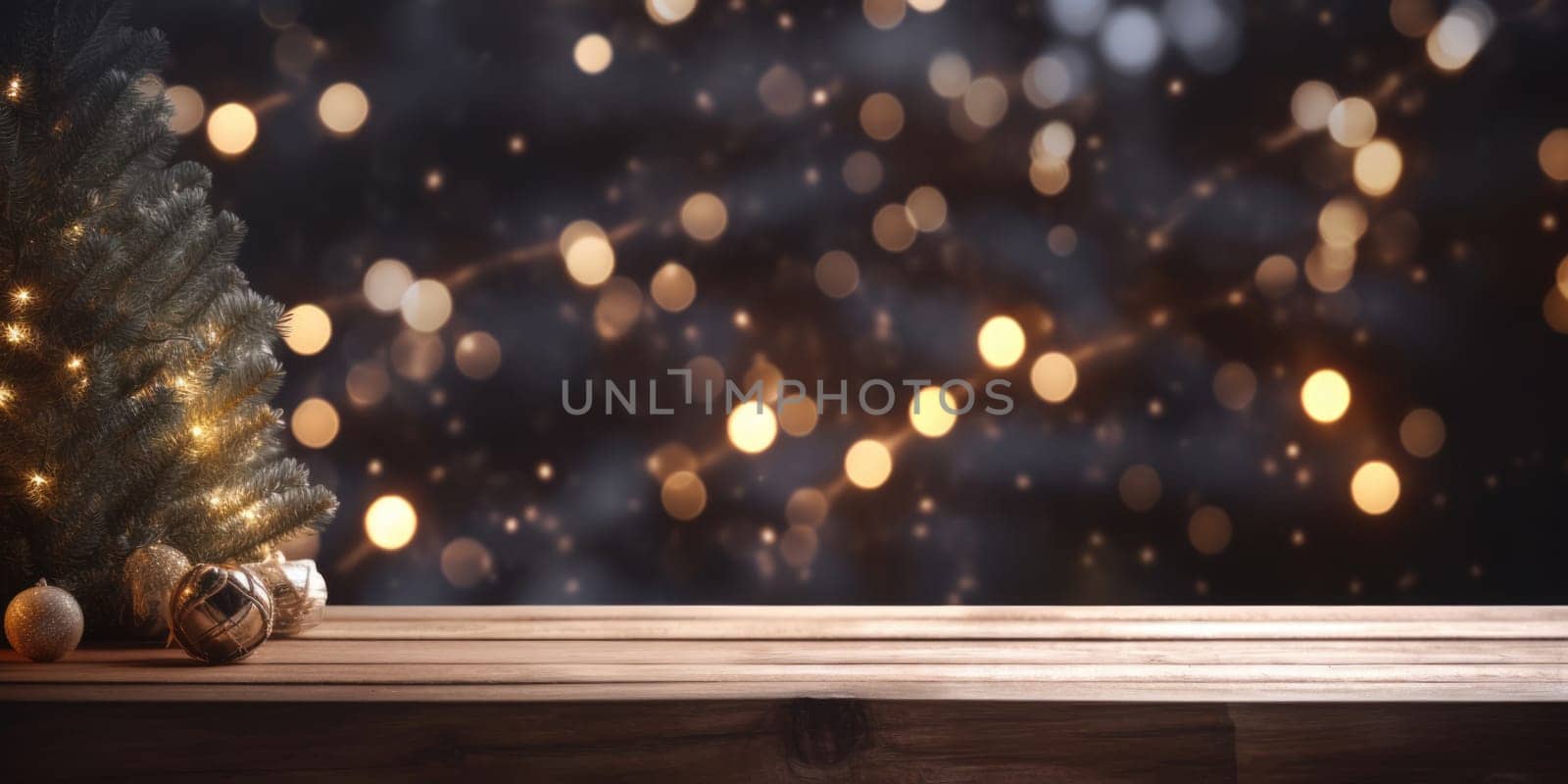 Merry Christmas and Happy New Year background with empty wooden table over Christmas tree and blurred light bokeh. Empty display for product placement. Rustic vintage Xmas 2024 background. comeliness