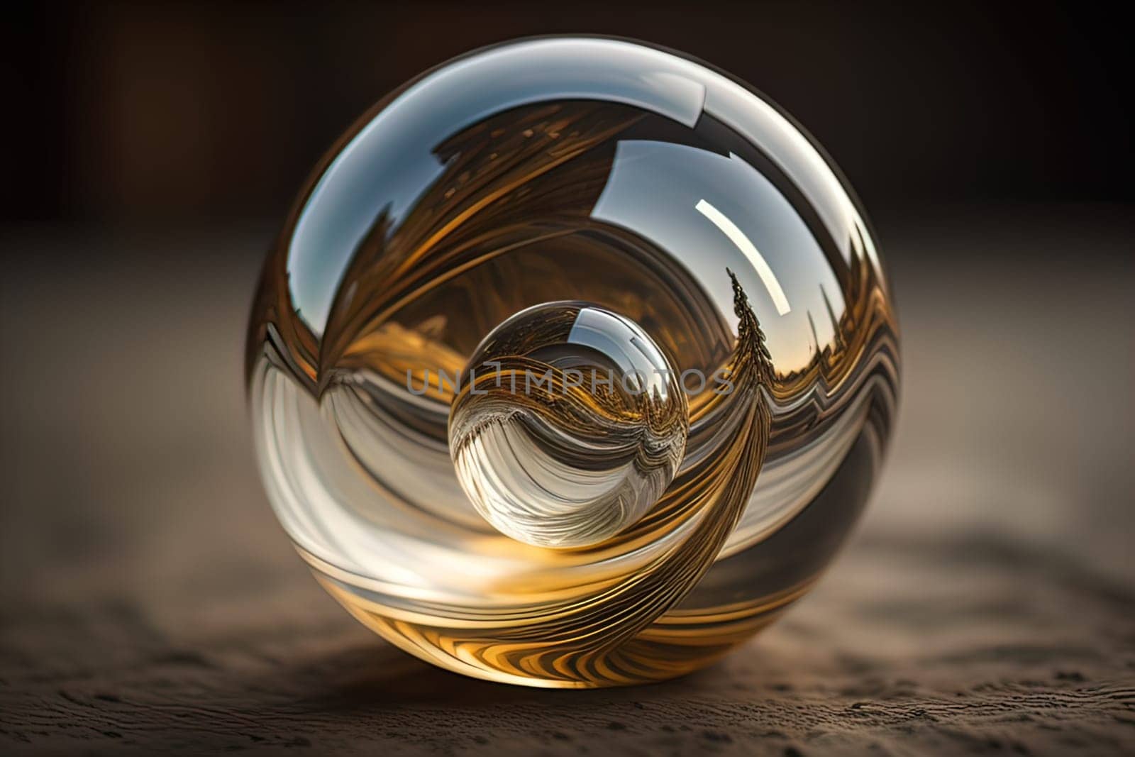 Transparent crystal ball on a wooden table. ai generative