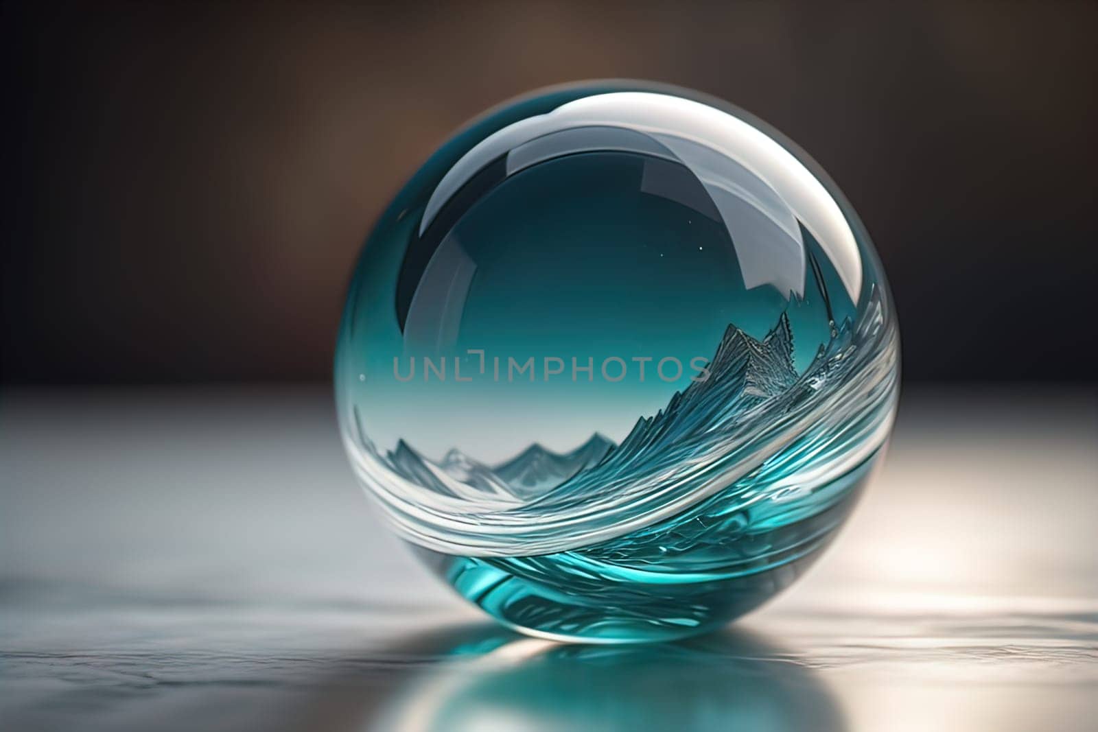 Transparent crystal ball on a wooden table. ai generative