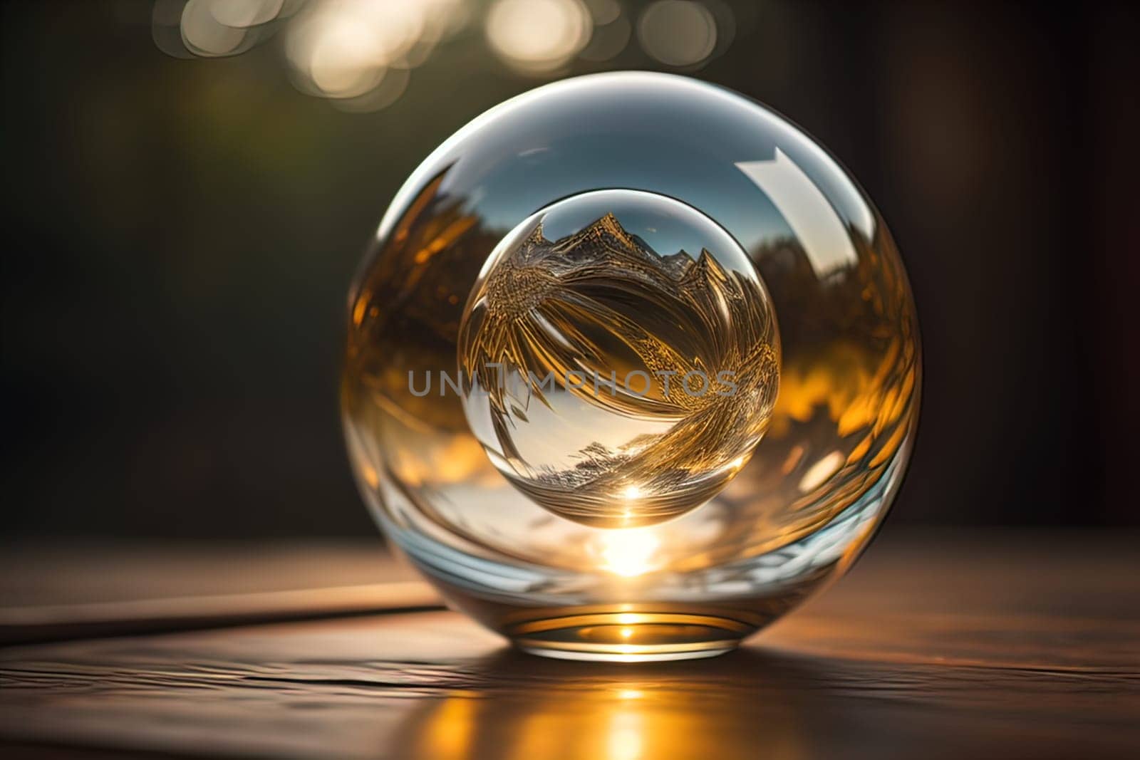 Transparent crystal ball on a wooden table. ai generative