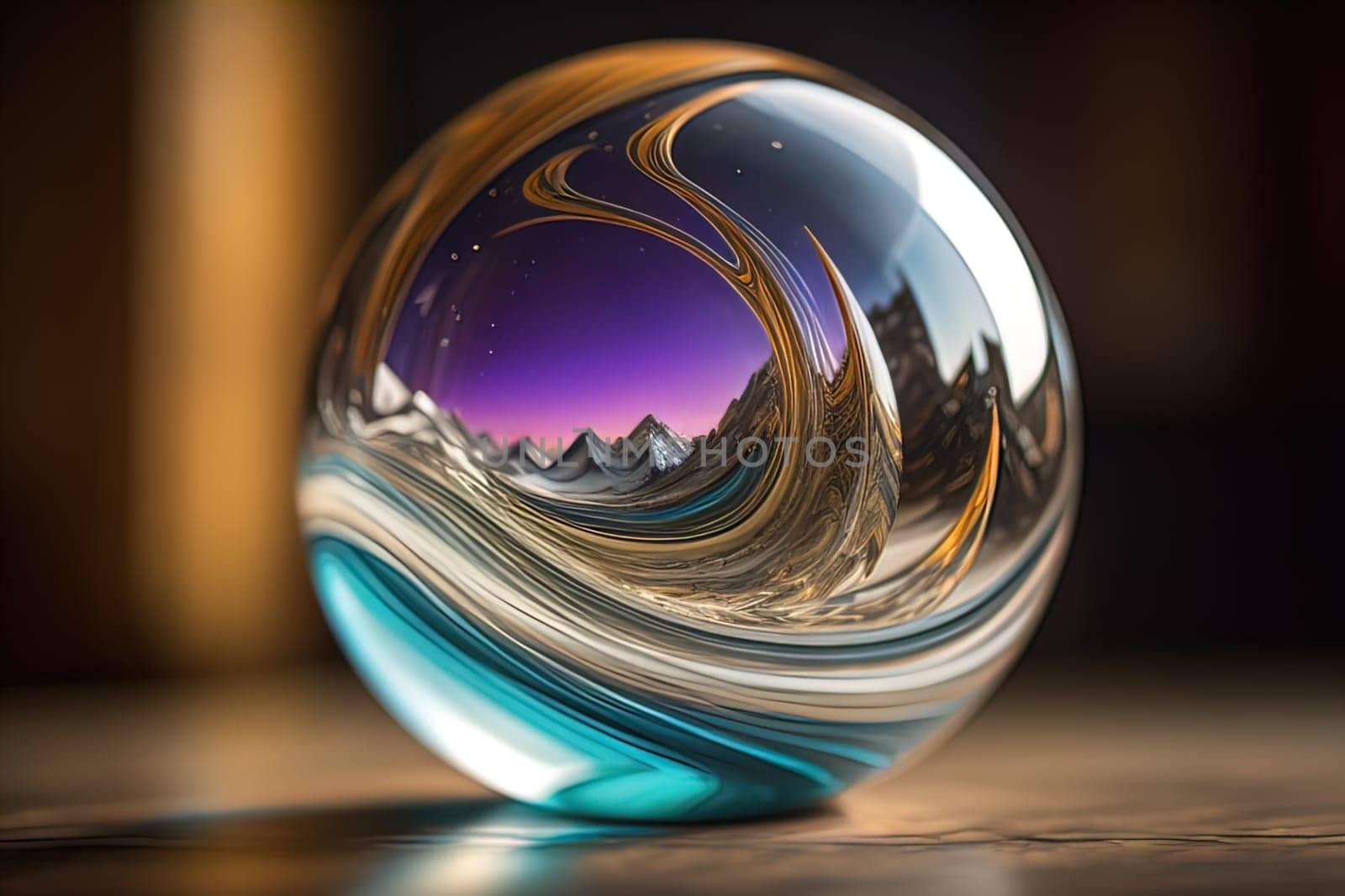 Transparent crystal ball on a wooden table. ai generative