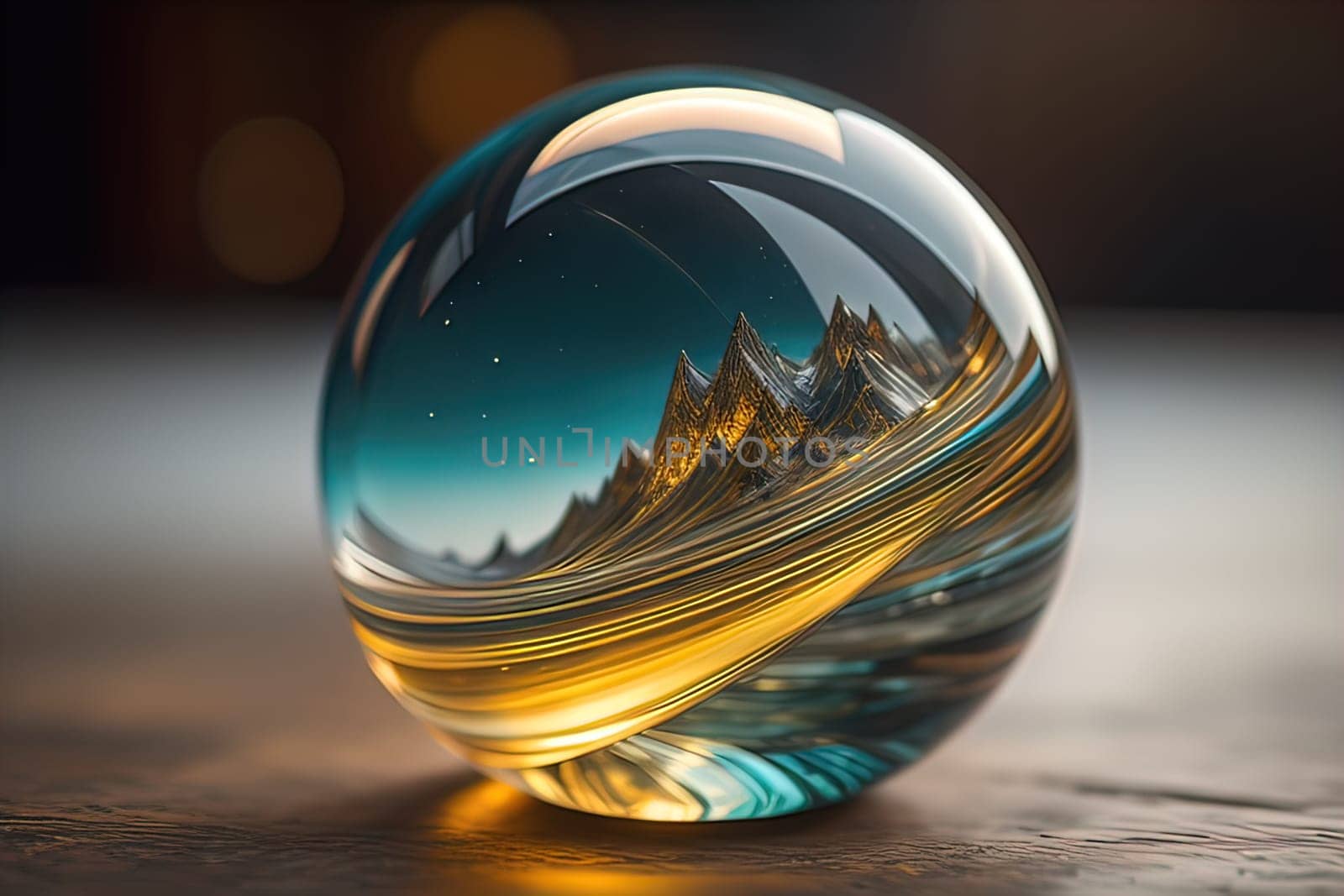 Transparent crystal ball on a wooden table. ai generative