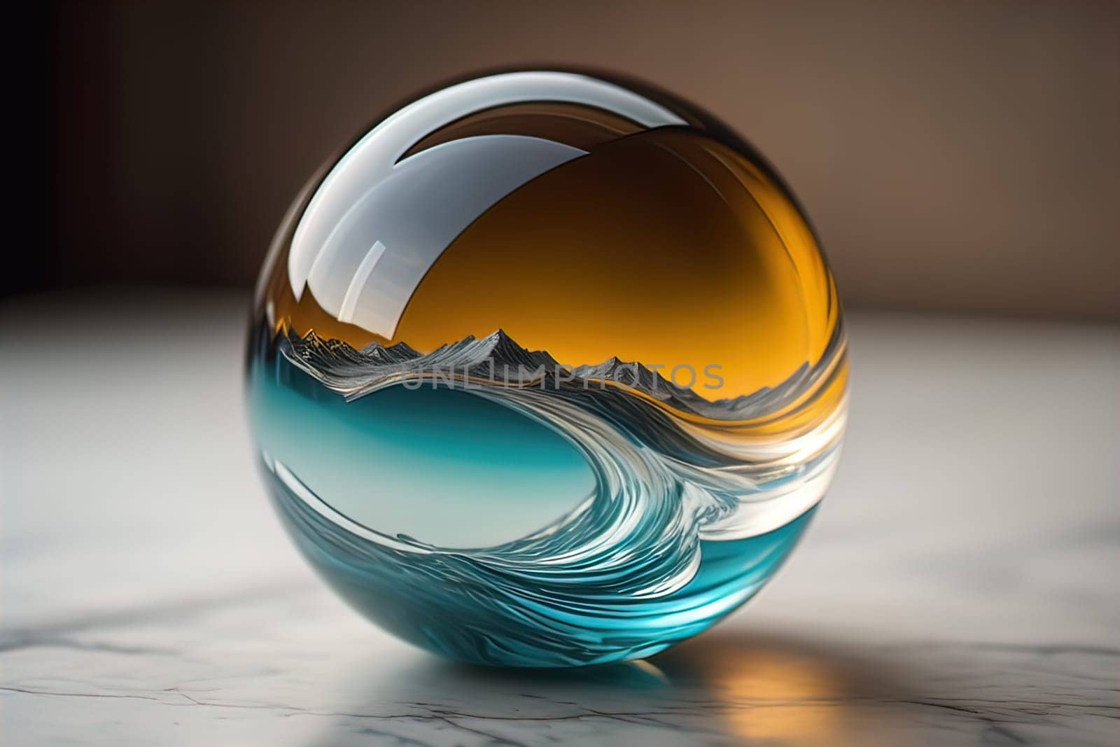 Transparent crystal ball on a wooden table. ai generative