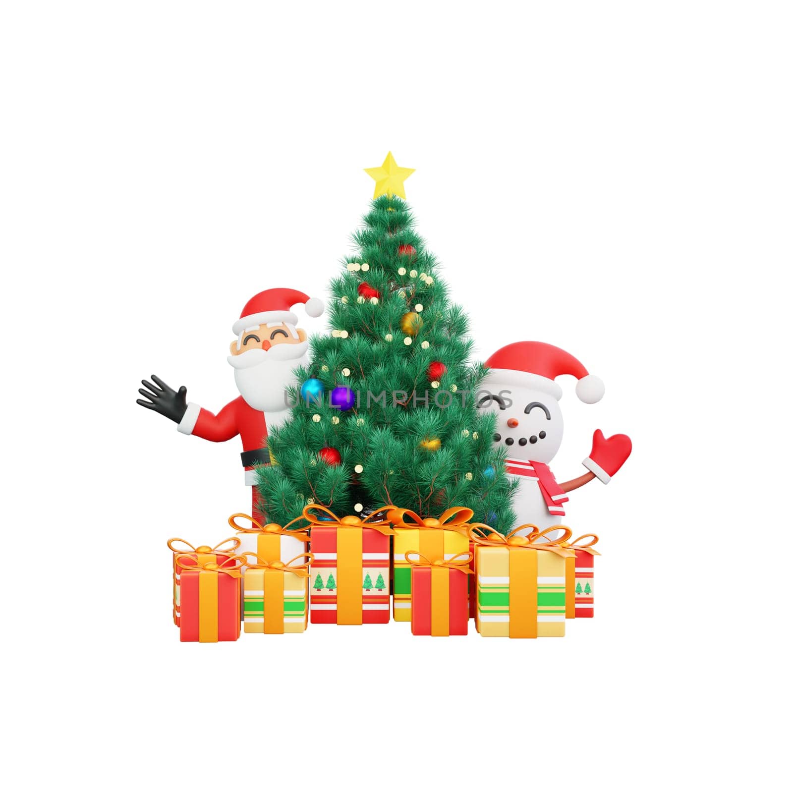 3D rendering Santa Claus and a snowman beside a beautifully decorated Christmas tree, surrounded by a variety of colorful gifts. Perfect for holiday themed designs and Christmas celebrations