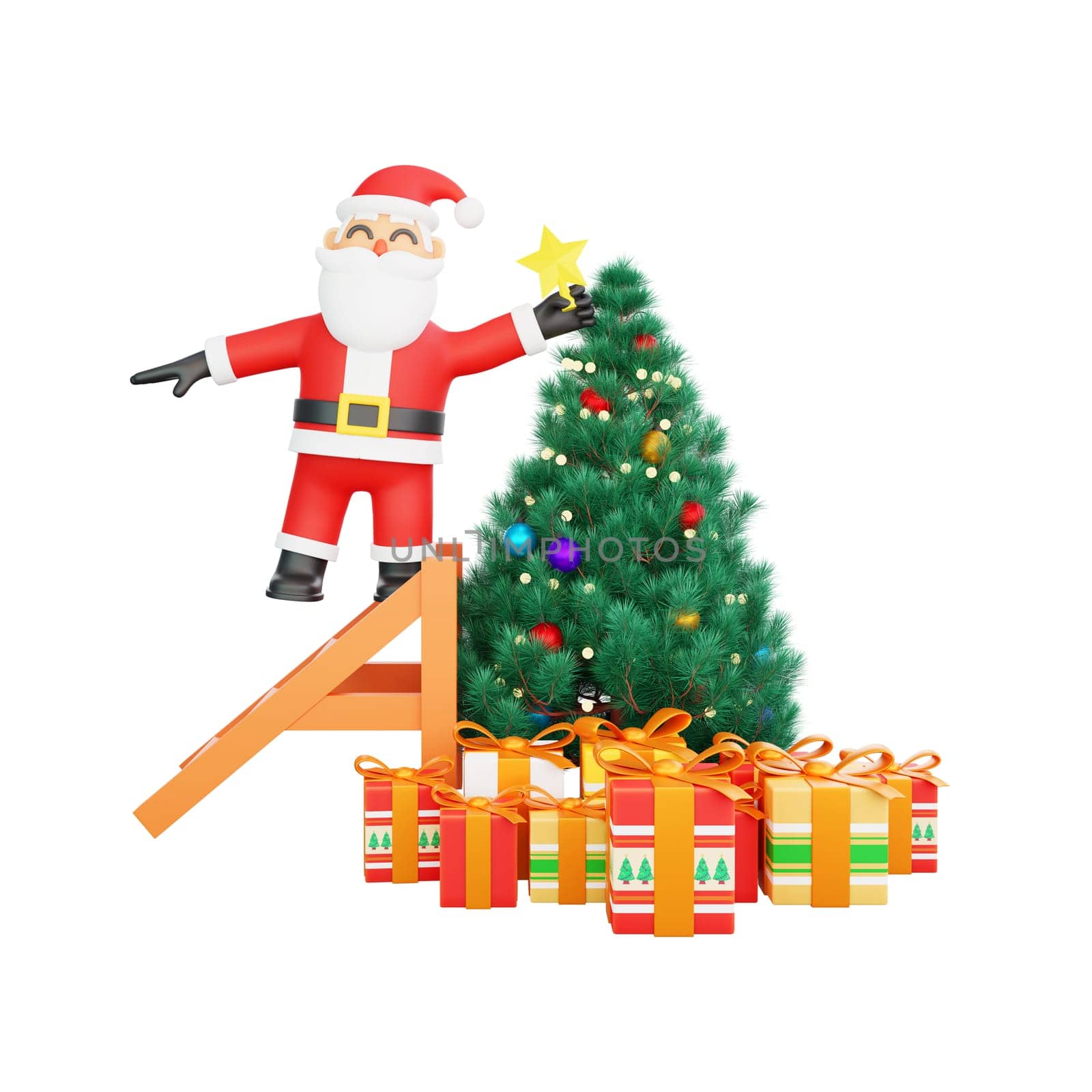 3D rendering Santa Claus in the midst of Christmas preparations, decorating a vibrant tree with a star. Perfect for holiday themed designs and Christmas celebrations