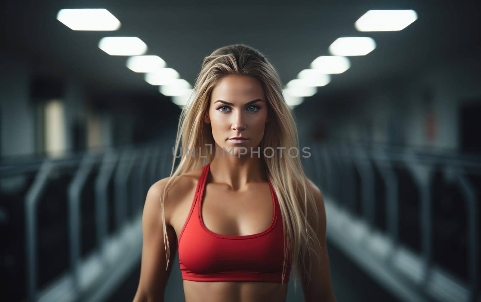 Beautiful girl fitness coach. A young athletic woman gets ready for workout. Healthy lifestyle. AI