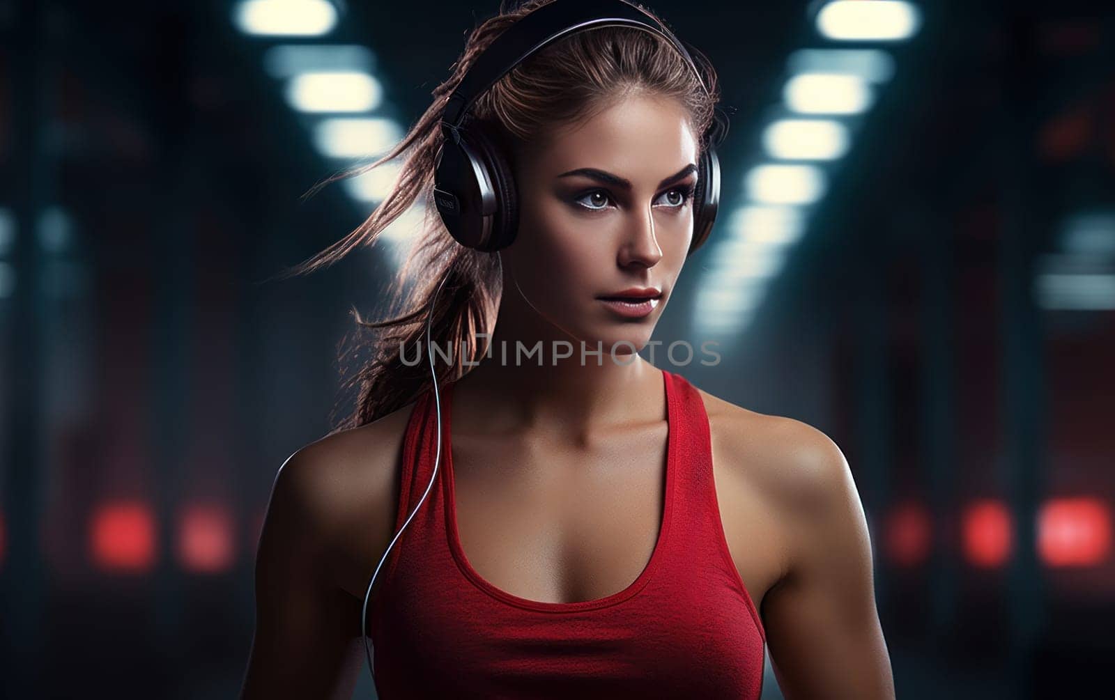 Beautiful girl runner in headphones. A young athletic woman listens to music on headphones and does cardio workout at the gym. Healthy lifestyle. AI