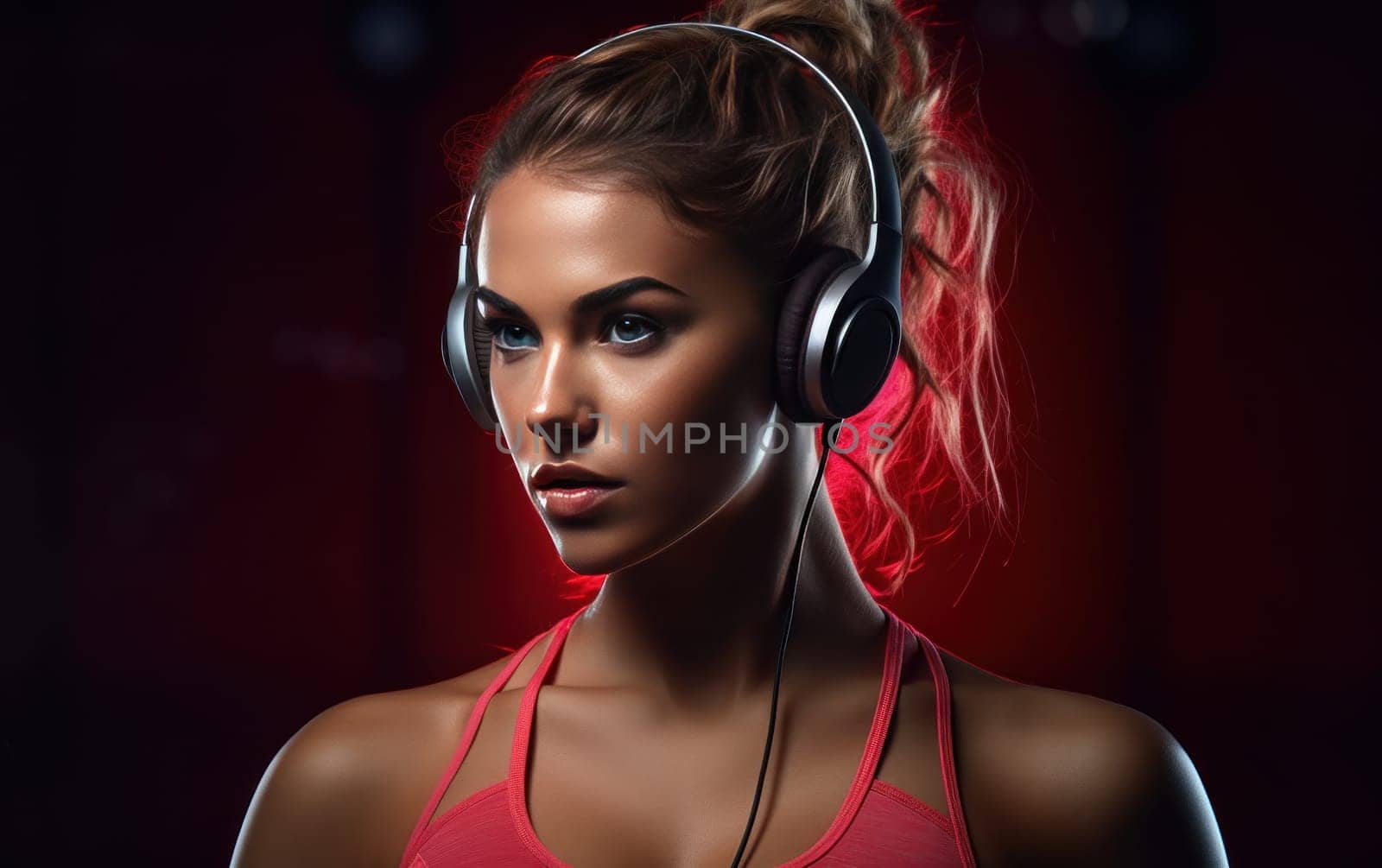 A beautiful young track and field athlete wearing headphones gets ready to train. Curly-haired track and field athlete wearing large headphones on a dark background with pink light isolated. AI