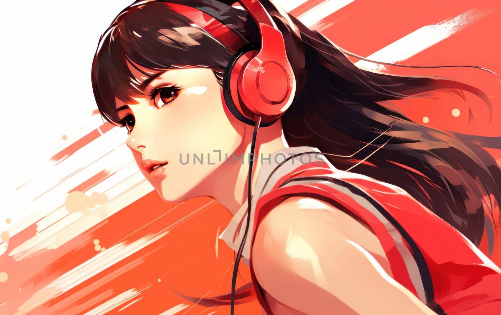 Cartoon girl giggles in headphones on an abstract red background isolated. Kawaii anime girl schoolgirl listening to music with a dreamy expression. AI