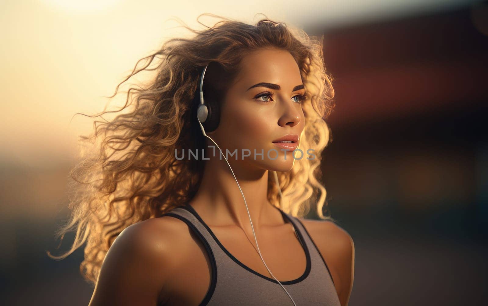 Beautiful girl runner in headphones at stadium. Young athletic woman listens to music on headphones and gets ready for a cardio workout. Healthy lifestyle, concept of a beautiful and healthy body. AI