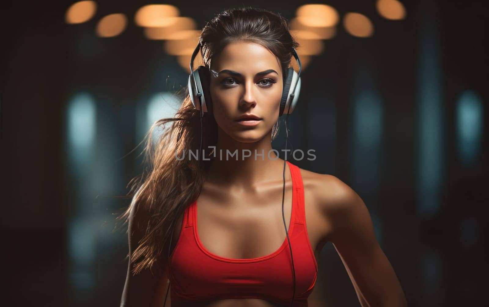 Beautiful girl runner at evening stadium. Young athletic woman gets ready for a cardio workout. Healthy lifestyle, concept of a beautiful and healthy body. AI