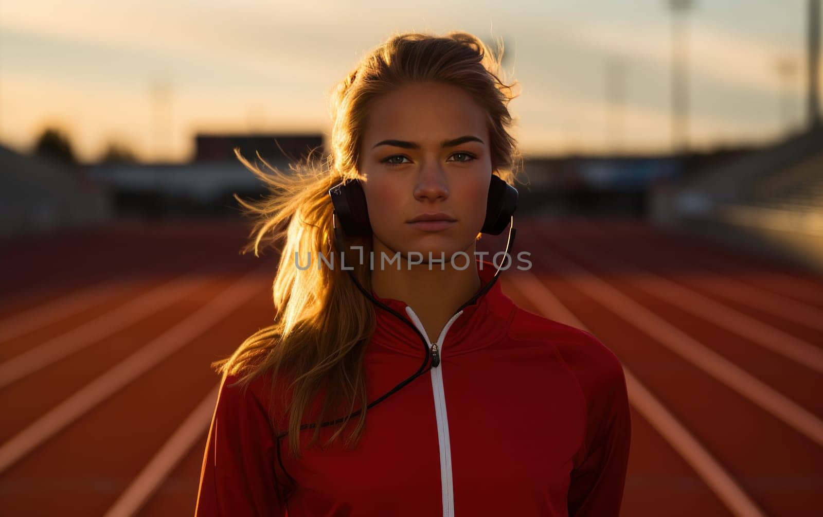 Beautiful girl runner in headphones at stadium. Young athletic woman listens to music on headphones and gets ready for a cardio workout. Healthy lifestyle, concept of a beautiful and healthy body. AI