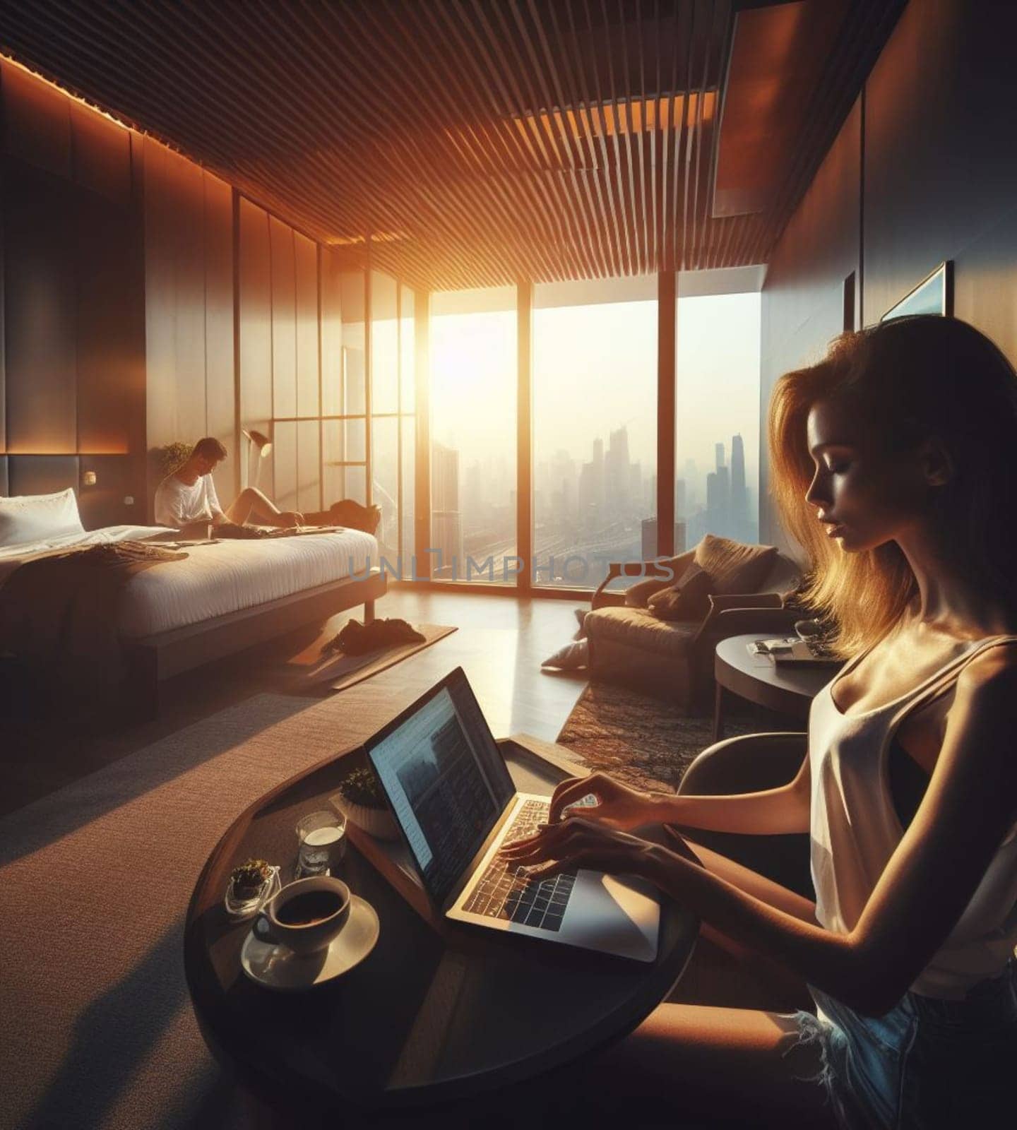 couple in expensive hotel resort room remote working and waking up having breakfast morning sunrise by verbano