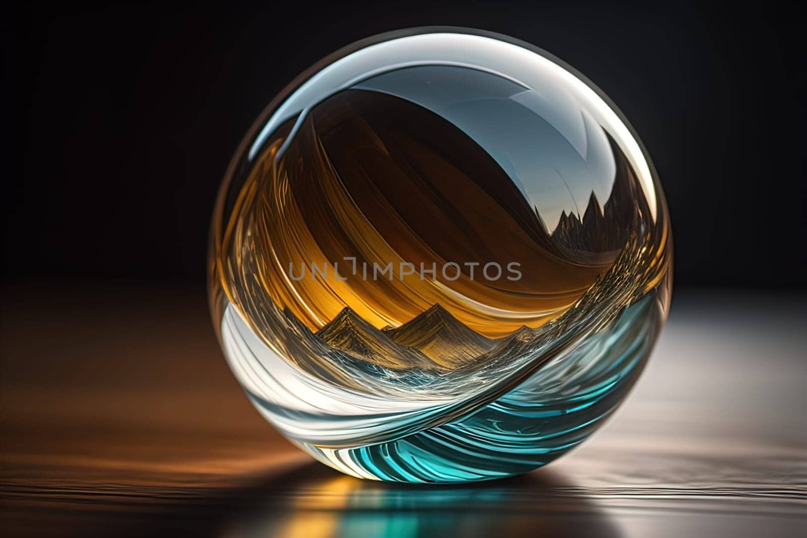 Transparent crystal ball on a wooden table. ai generative