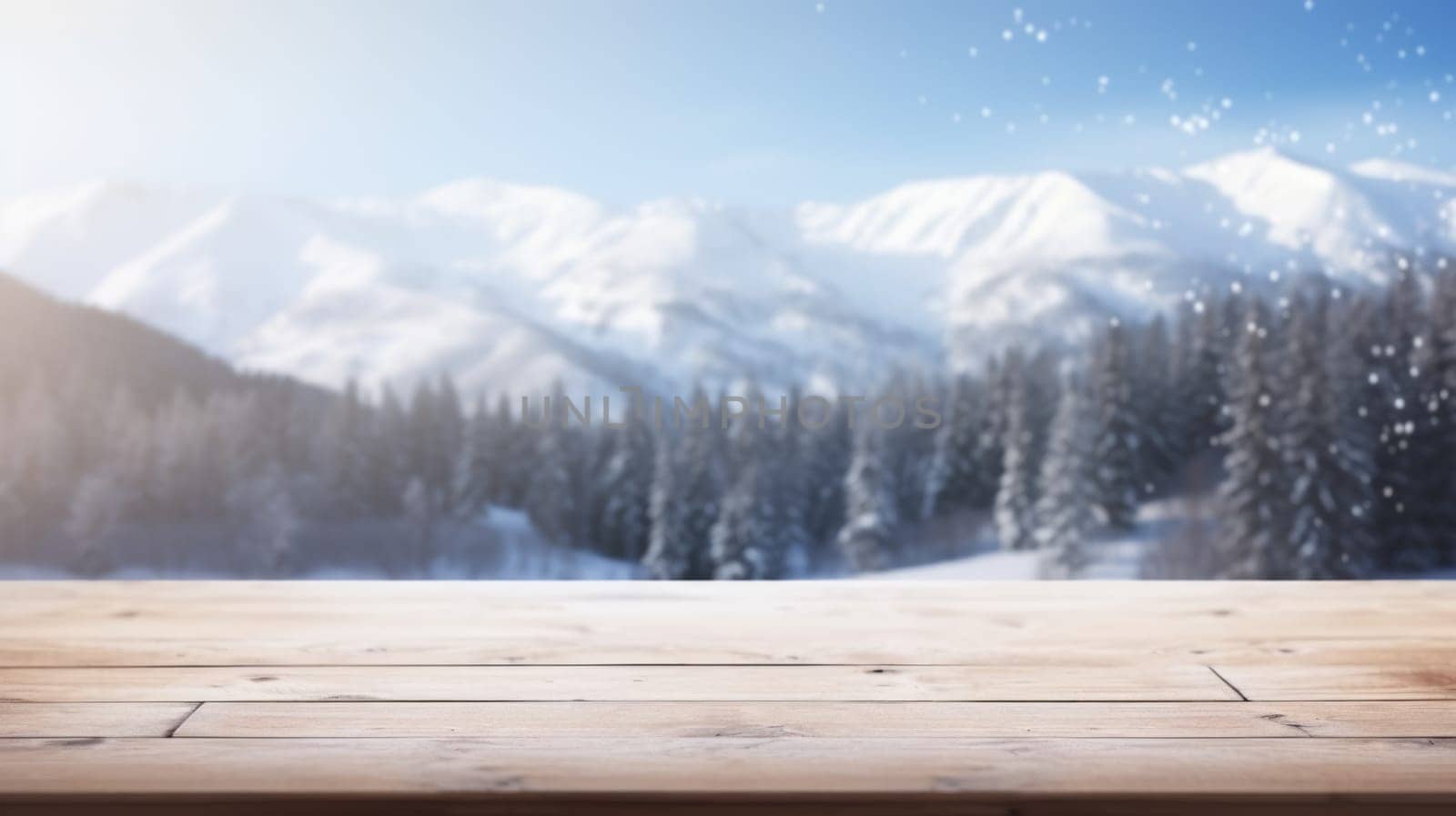 Empty table in beautiful winter landscape, wood plank board in snow mountain outdoor comeliness