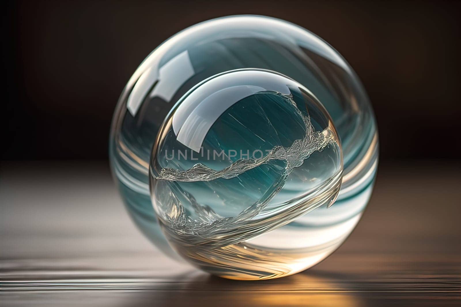 Transparent crystal ball on a wooden table. ai generative