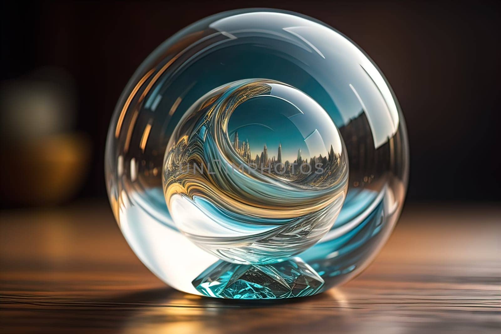 Transparent crystal ball on a wooden table. ai generative