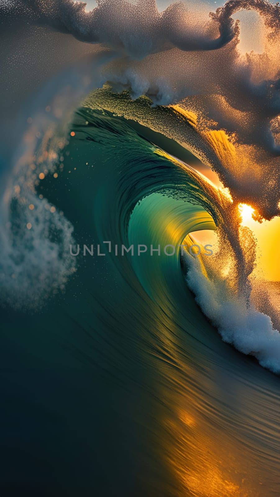 Beautiful wave in the ocean at sunset. 3D illustration.Surfing ocean wave at sunset time. 3D Rendering.Surfing ocean wave at sunset. Beautiful natural background.Beautiful sunset on the beach with a wave in the foreground.