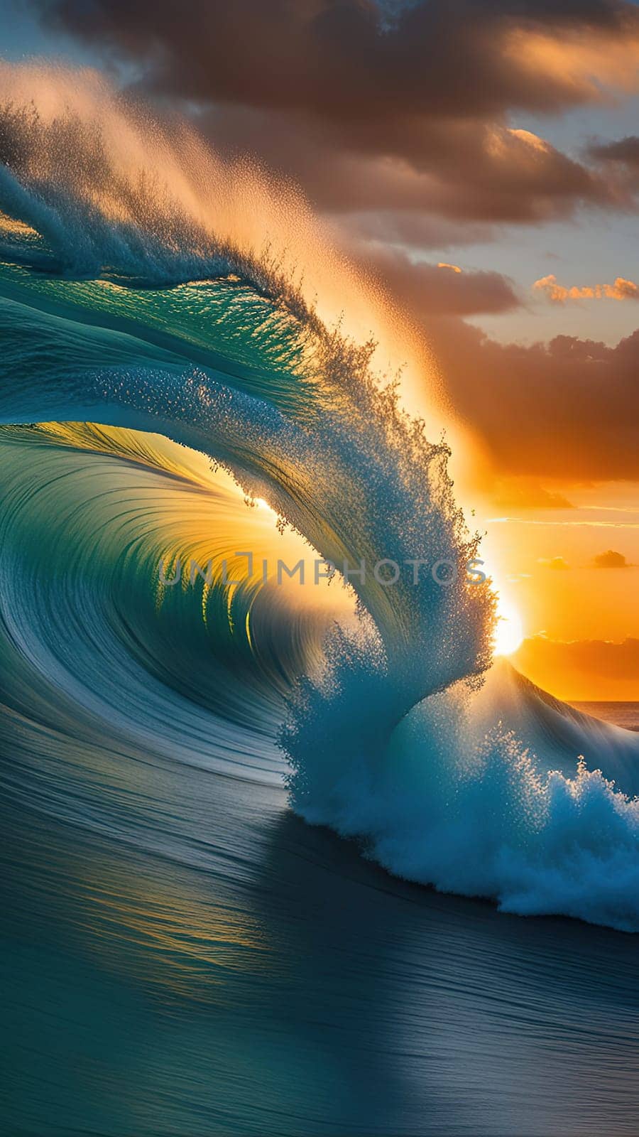 Beautiful wave in the ocean at sunset. 3D illustration.Surfing ocean wave at sunset time. 3D Rendering.Surfing ocean wave at sunset. Beautiful natural background.Beautiful sunset on the beach with a wave in the foreground.