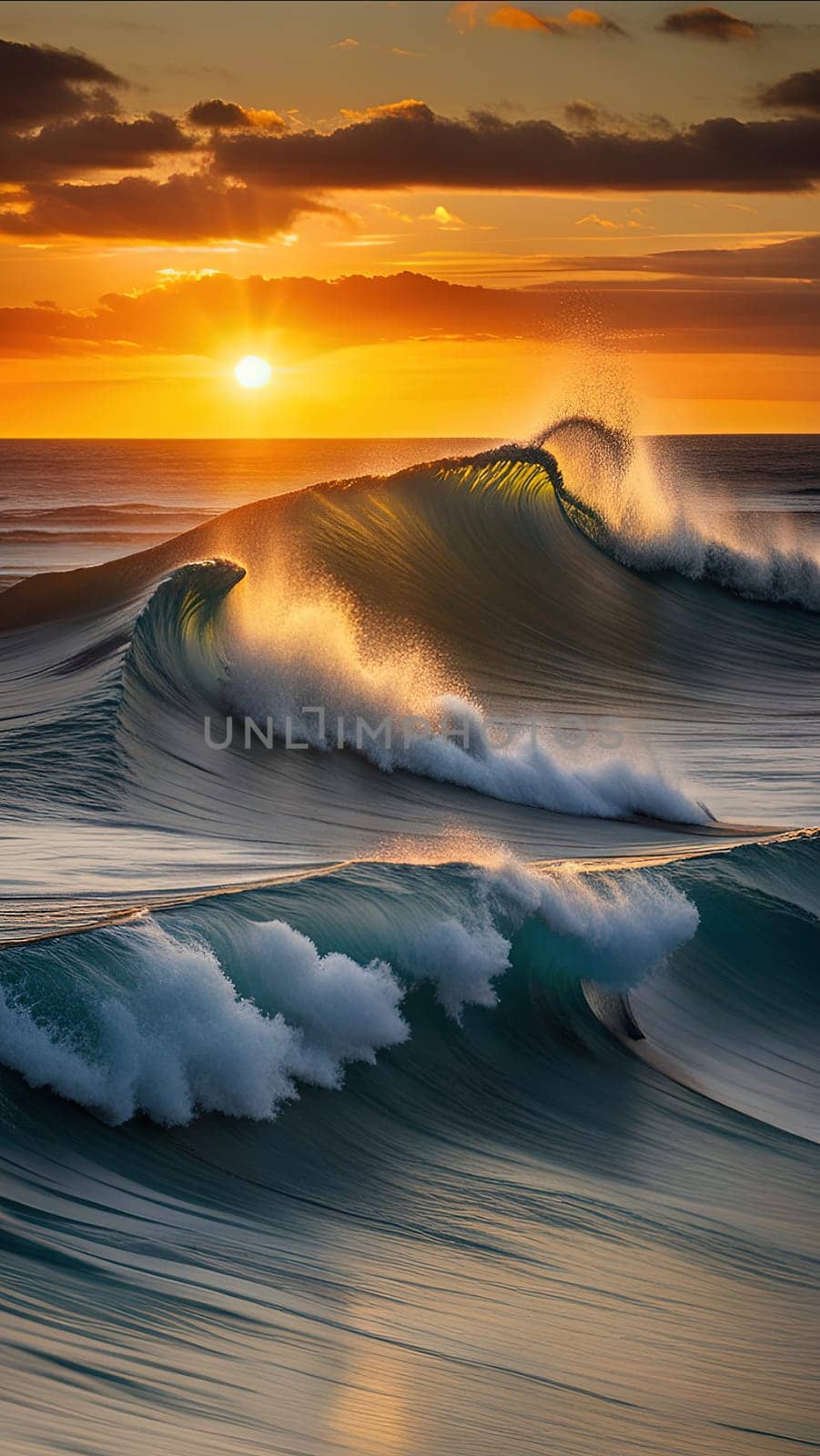 Beautiful wave in the ocean at sunset. 3D illustration.Surfing ocean wave at sunset time. 3D Rendering.Surfing ocean wave at sunset. Beautiful natural background.Beautiful sunset on the beach with a wave in the foreground.