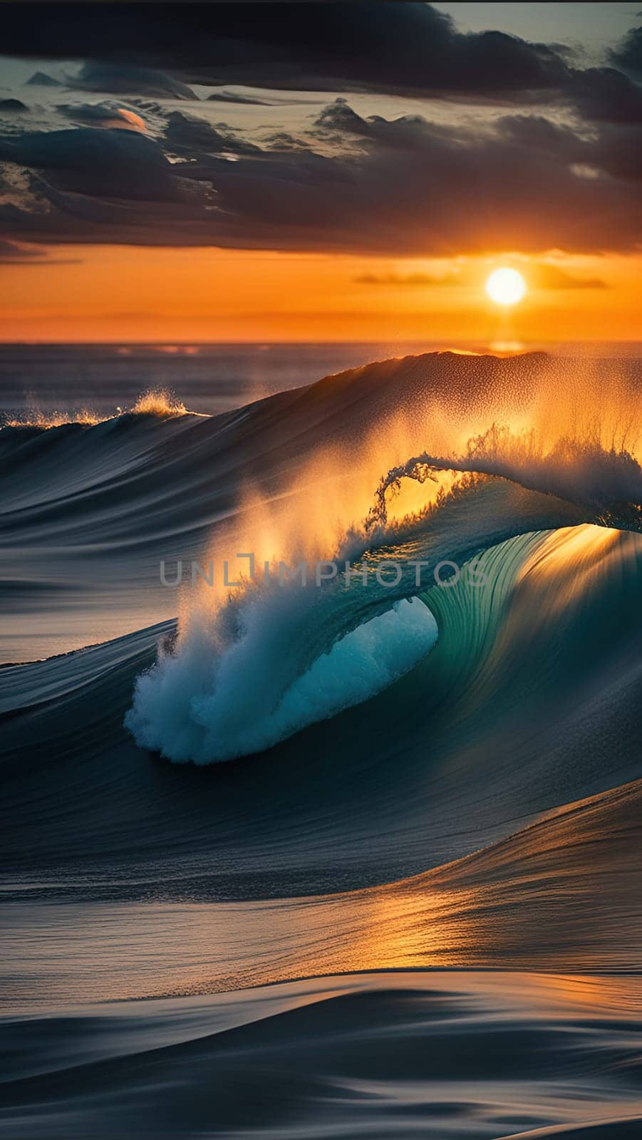 Beautiful wave in the ocean at sunset. 3D illustration.Surfing ocean wave at sunset time. 3D Rendering.Surfing ocean wave at sunset. Beautiful natural background.Beautiful sunset on the beach with a wave in the foreground.