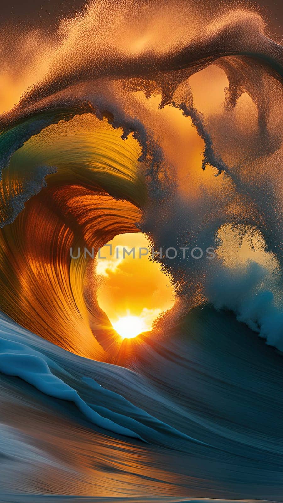 Beautiful wave in the ocean at sunset. 3D illustration.Surfing ocean wave at sunset time. 3D Rendering.Surfing ocean wave at sunset. Beautiful natural background.Beautiful sunset on the beach with a wave in the foreground.