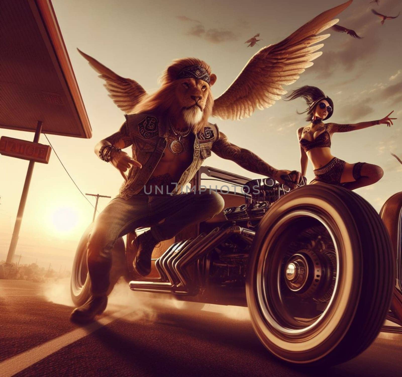 anthropomorhic lion characters gang in steampunk hot rods and tuned bikes burning rubber, wearing jeans and leather, gas station , desert road, comics illustration, mad max ai generated