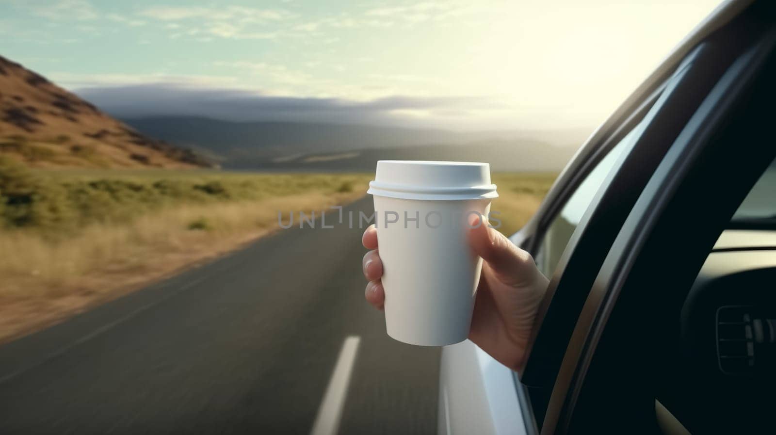 hand with a white paper coffee cup stretched out of the window of a car driving in nature. by Zakharova