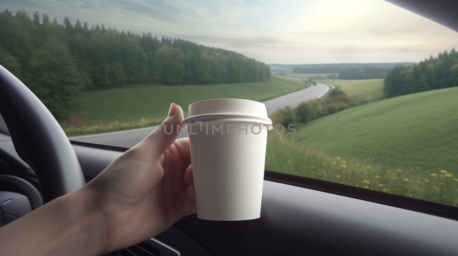 a hand with a white papper coffee cup at the window of a car driving in nature, among green hills and forest.