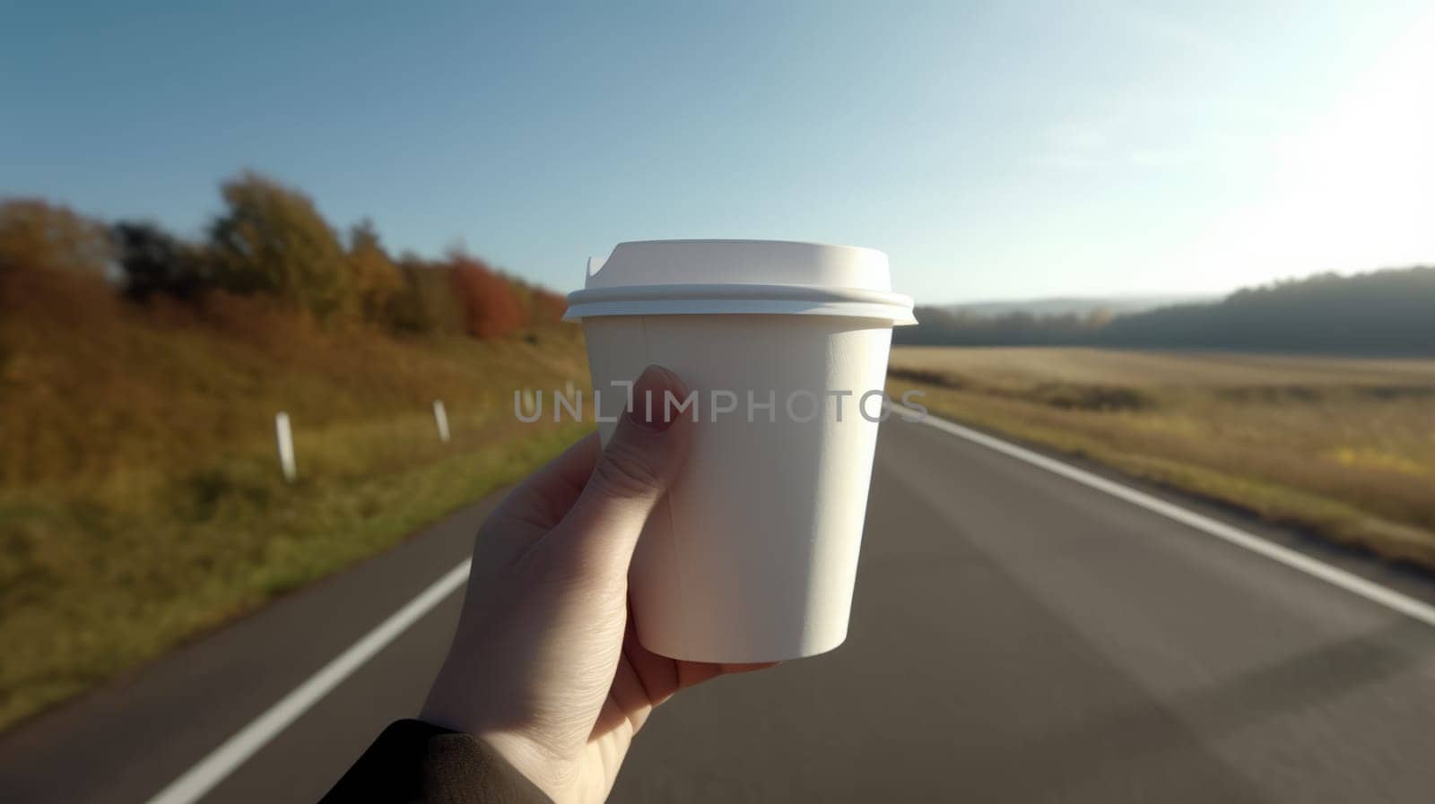 hand with a white paper coffee cup on the background of a road in nature, autumn.