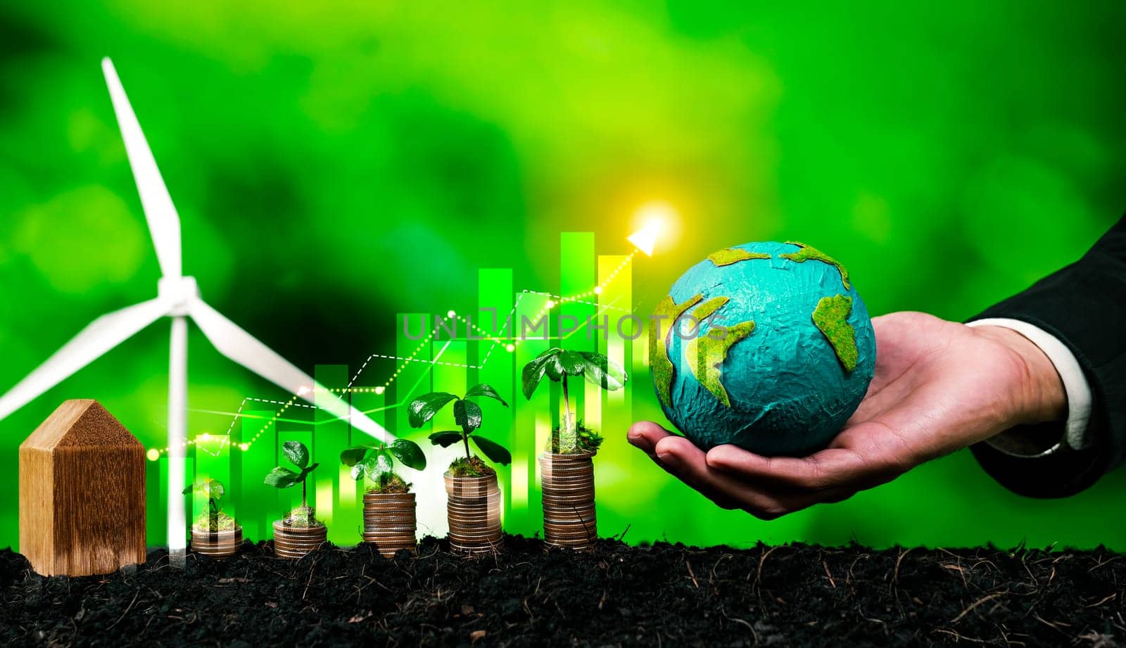 Growing coin or money stack with ESG businessman hold Earth globe symbolize eco investment with sustainable growth potential lead to profitable financial return and environmental protection. Reliance