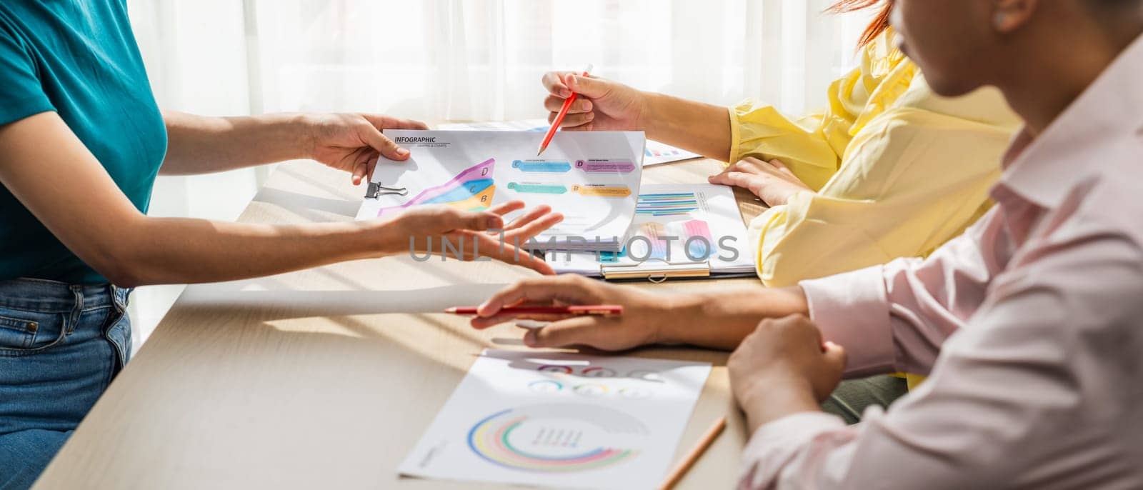 Startup company employee working together, analyzing BI dashboard paper on financial data report and planning strategic marketing for business success in panorama banner. Synergic