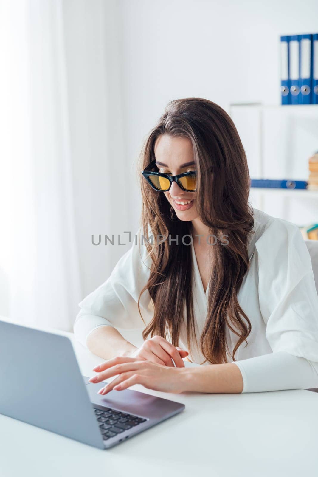 a woman with laptop remote work communication internet conversation online communication