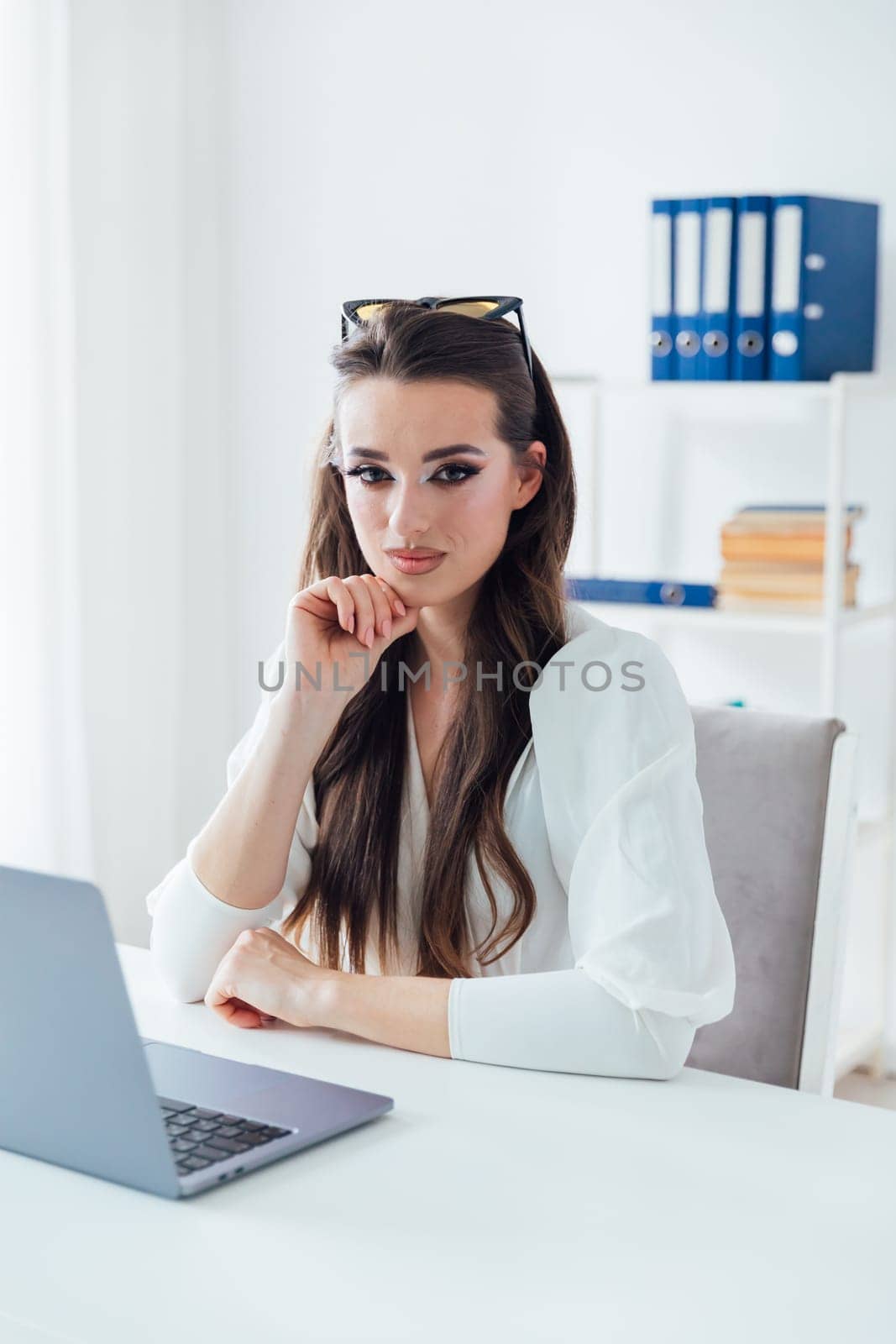 woman with laptop remote work communication internet conversation online communication by Simakov