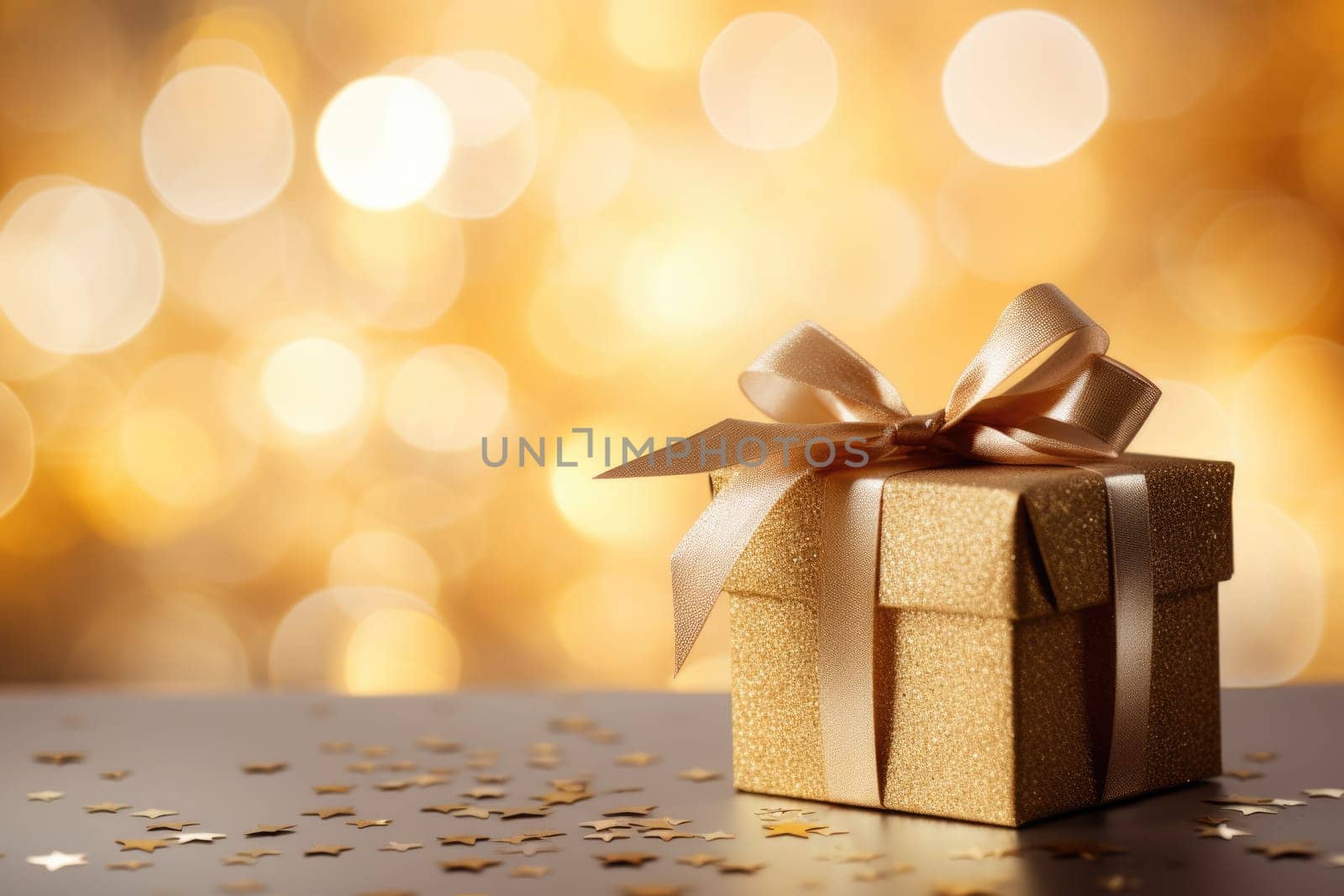 gold bokeh abstract background and gift box. AI Generated