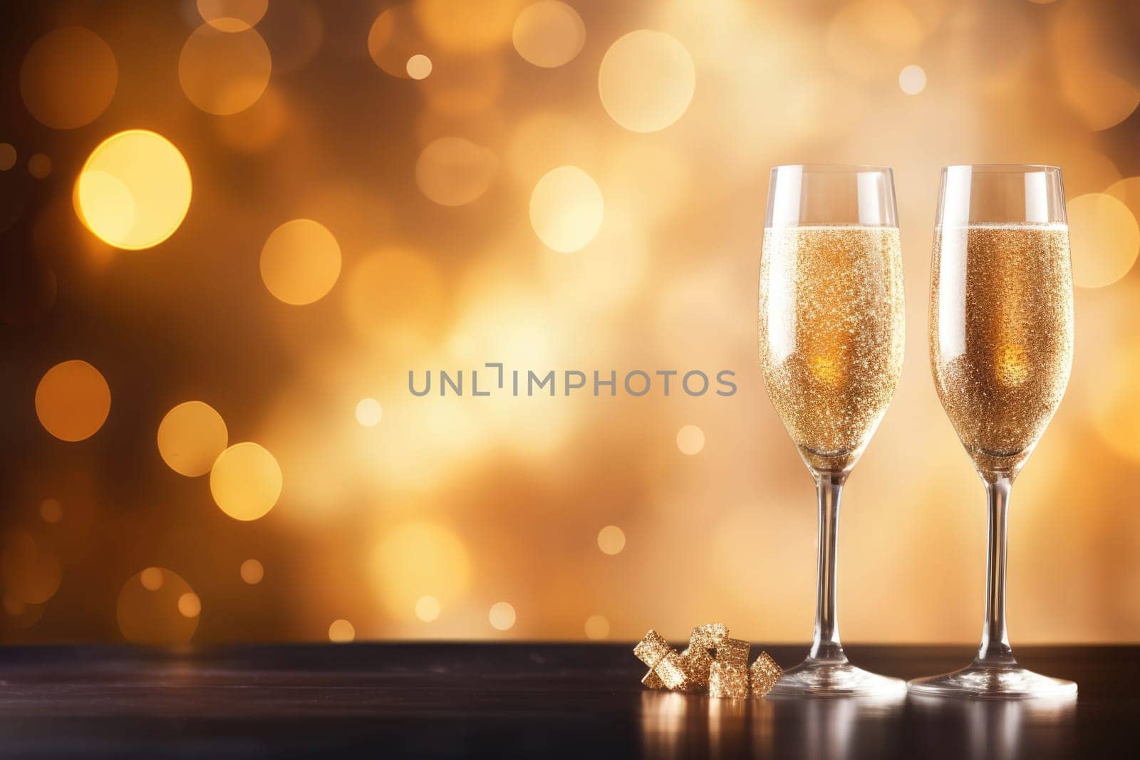 Blue and gold bokeh abstract background and champagne flute. AI Generated