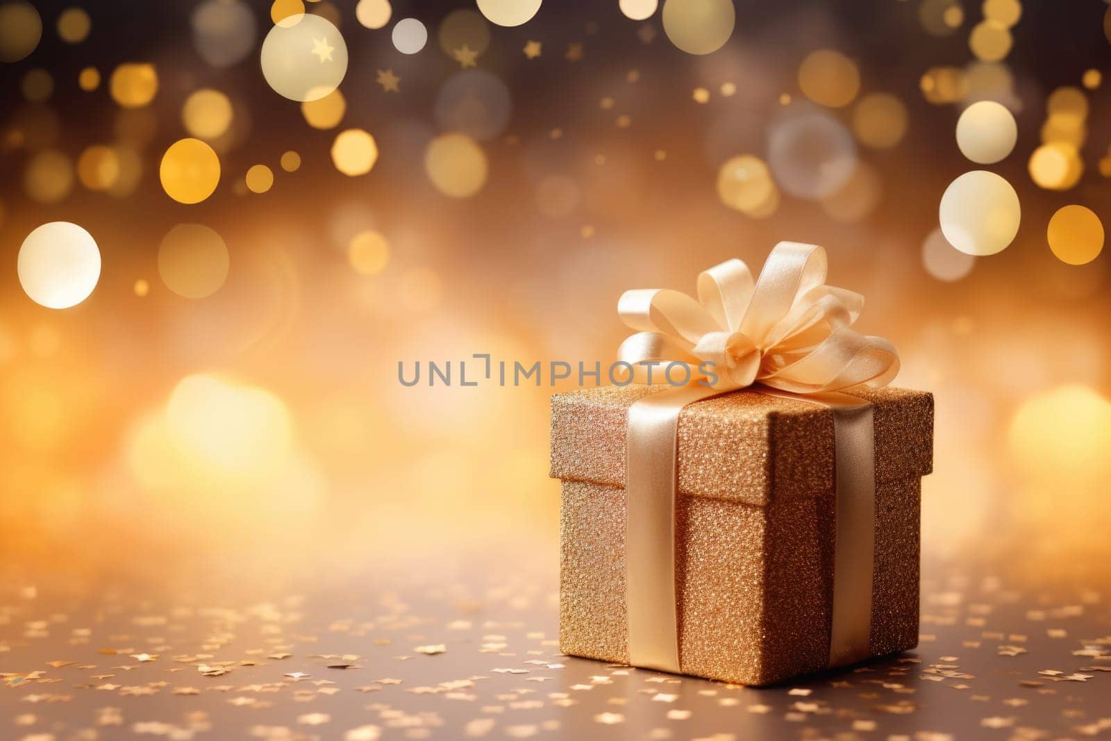 gold bokeh abstract background and gift box. AI Generated