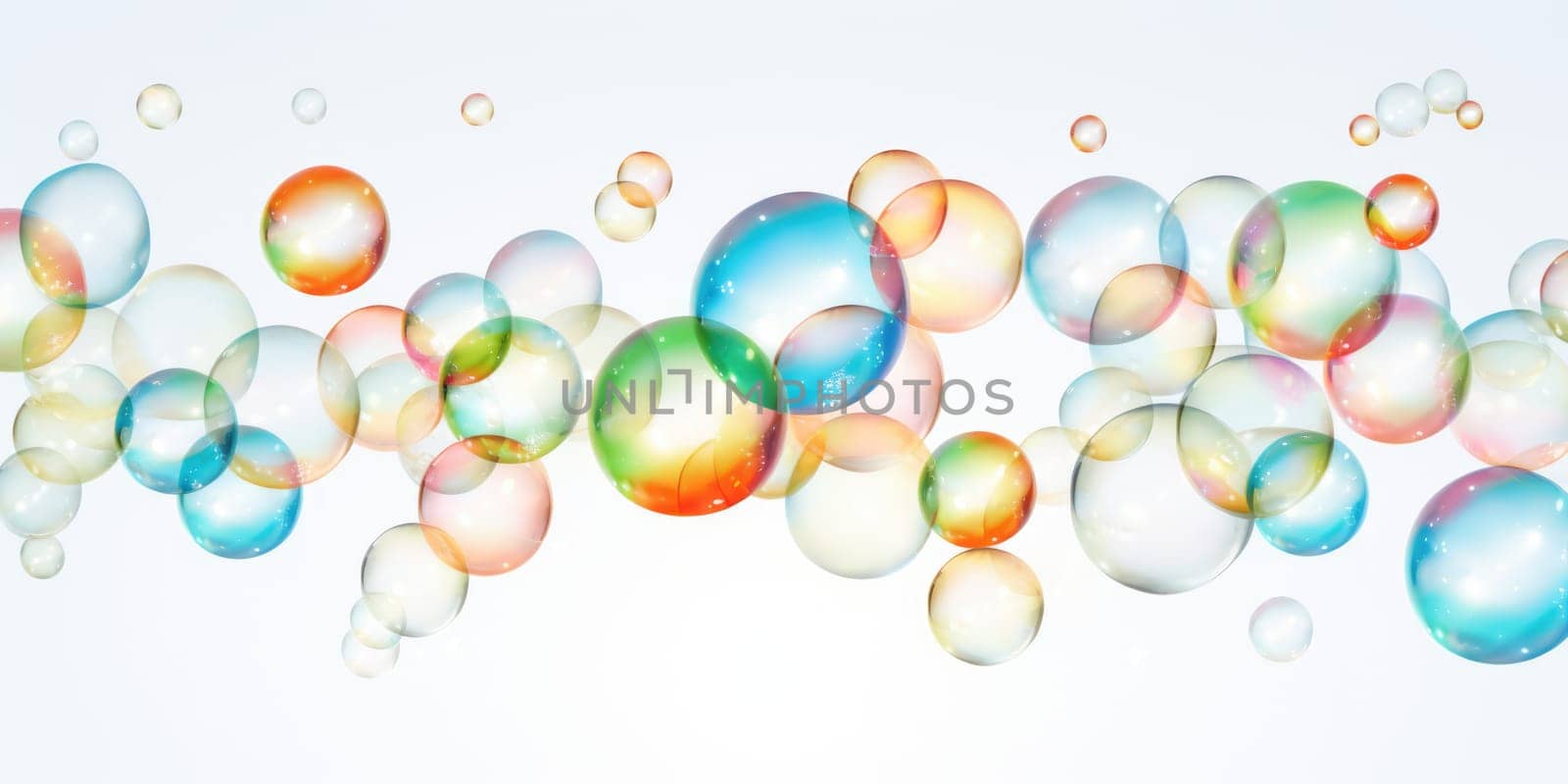 Floating colorful soap bubbles background, abstract design on white background. AI Generated