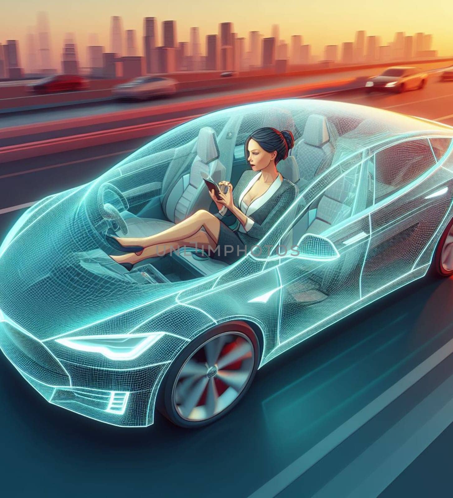 business woman working from autonomous driving ev car traveling fast in city traffic generative ai art