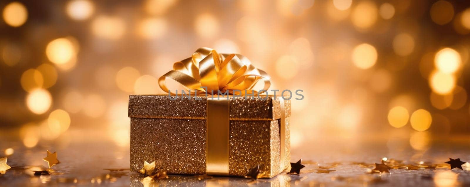 gold bokeh abstract background and gift box. AI Generated